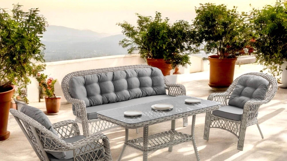 Lora Rattan Bahçe & Balkon Oturma Grubu (3+1+1+Sehpa) Beyaz