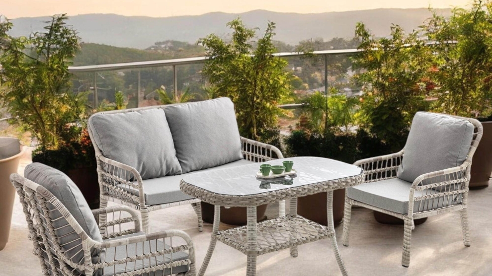 Pisa Rattan Bahçe & Balkon Oturma Grubu (2+1+1+Sehpa) Beyaz 